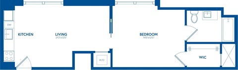 Floor plan for 1 bed, 1 bath, 637 sqft